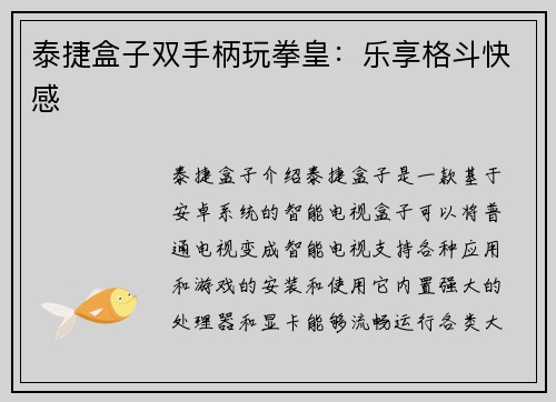泰捷盒子双手柄玩拳皇：乐享格斗快感