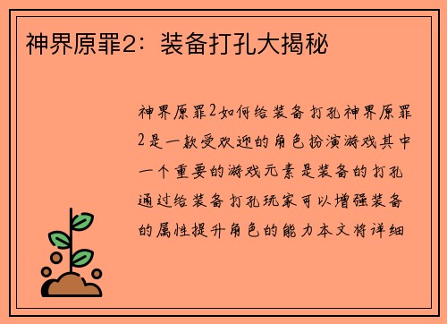 神界原罪2：装备打孔大揭秘